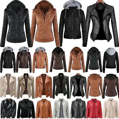 Buy Womans Ladies Faux Leather Hooded Jacket Jackets Biker Coat Slim Outwear Tops • 13.67£