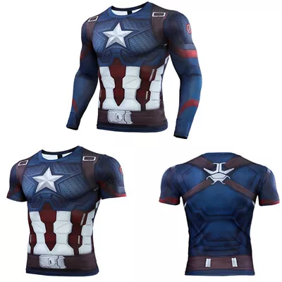 Buy Captain America Mens Tight Base Layer Tops T-Shirts Sport Gym Long Short Sleeves • 11.99£