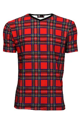 Buy Men's Classic Red Tartan Alternative Printed V Neck Top T-Shirt Tee • 21.99£
