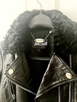 Buy Roberto Cavalli Leather Biker Jacket Fur Collar, Size 36 IT/ 4 UK, Croc Effect • 250£