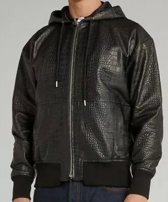 Buy Luxury Men's Black Crocodile Embossed Bomber Hooded Leather Causal Coat Jacket • 156.78£
