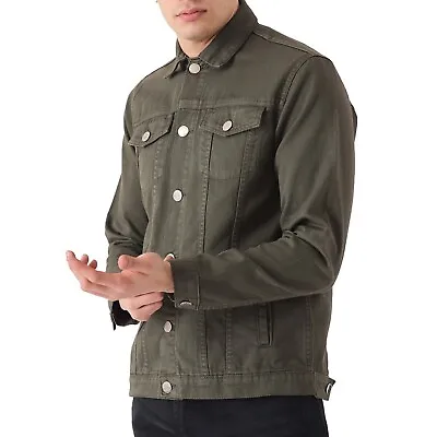 Buy Mens Denim Jacket  Button Up Green Casual Western Trucker Style Long Sleeve Coat • 25.99£