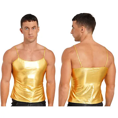 Buy UK Men Shiny Metallic Spaghetti Straps Vest Top Patent Leather Tank Top Camisole • 8.69£