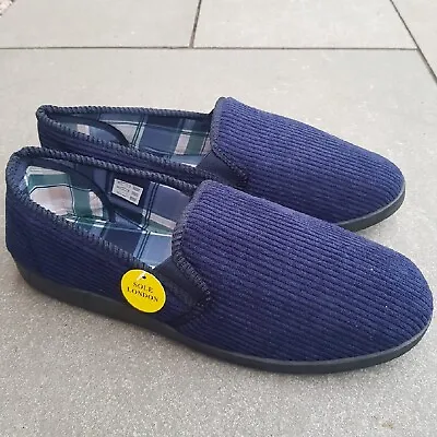 Buy Gents Mens Hard Sole Comfy Slip On Navy Striped Warm Indoor Slippers Shoes Size • 8.90£