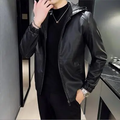 Buy Mens Hooded Leather Jacket Black Fitted Stylish Sports Real Leather Hoodie • 59.99£