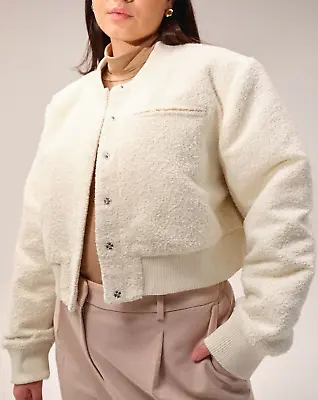 Buy H&M Boucle Bomber Cropped Baseball Jacket Cream Ivory XS Snap Front NWT SOLD OUT • 68.87£