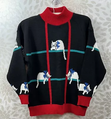 Buy VTG Spunky Women’s Medium M Cat Kitten Pullover Sweater Black Red Mock Neck Top • 38.91£