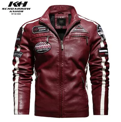Buy New Men's Trendy Racing Suit Leather Jacket Plush Thin Coat Epaulet Outwear • 43.19£