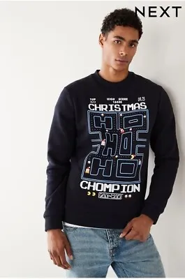 Buy NEXT Navy Blue Christmas Pac-Man Game Sweatshirt Jumper - Size M - BNWT RRP £36 • 19.99£