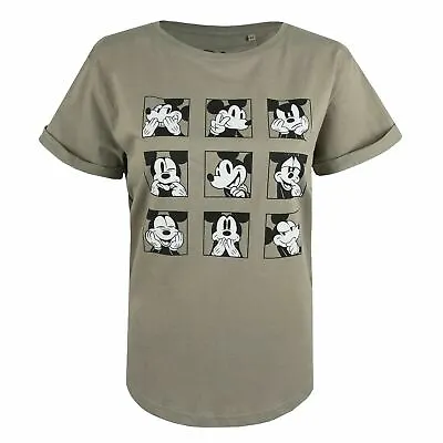 Buy Official Disney Ladies Multi Face Mickey Fashion T-Shirt Light Khaki S-XL • 10.49£
