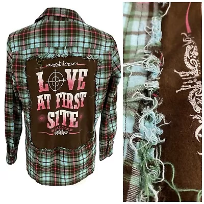 Buy Upcycled Flannel Shirt Womens Large Hunting Green Plaid Country Grunge Camp • 43.76£