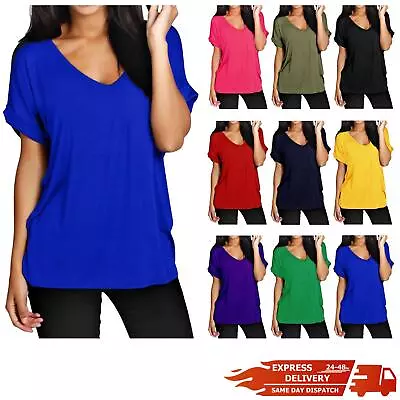 Buy Womens Plain V Neck Batwing Ladies Burn Out Oversized Turn Up Sleeve T Shirt Top • 7.49£