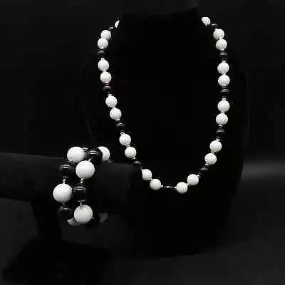 Buy Chunky Black White Beaded Necklace Bracelet Set Rockabilly Plastic Classic • 14.48£