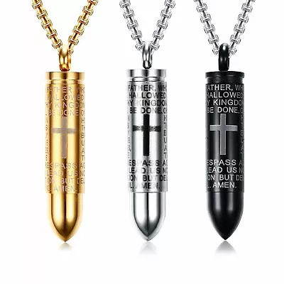 Buy 3pcs Men's Stainless Steel Lord's Prayer Cross Openable Bullet Pendant Necklace • 13.22£