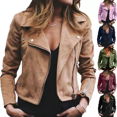 Buy Women's Biker Jacket Slim Fit Ladies Faux PU Leather Zip Formal Coat Plus Size • 19.39£
