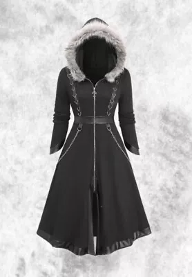 Buy New Black Gothic Zip Front Fur Trimmed Hooded Midi Long Cardigan Size 3XL 24 26 • 34.99£