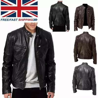 Buy Mens Vintage Cafe Racer Brown Black Leather Casual Slim Fit Real Biker Jacket • 29.66£