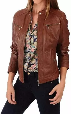 Buy Women Genuine Slim Fit Lambskin Biker Jacket Motorcycle Brown Leather Jacket • 85.04£