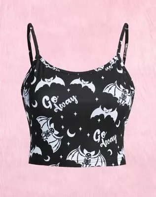 Buy BNWT Ladies Gothic Bat Print “Go Away” Crop Vest Top Shirt Clothing Medium Punk • 5£