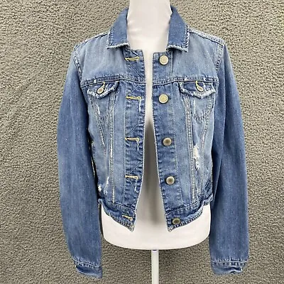 Buy American Eagle Women's M Distressed Destroyed Denim Button Jean Jacket Frayed • 19.86£