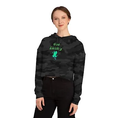 Buy Get Lucky Shamrock Green Letters Women's Cropped Hooded Sweatshirt/Hoodie • 47.24£