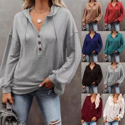 Buy Womens Long Sleeve Sweatshirt Blouse Ladies Button V Neck Hoodies Tops Plus Size • 10.99£
