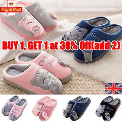 Buy Mens Womens Winter Slippers Plush Warm Fur Lined Indoor Home Shoes Cute Cat 2023 • 8.49£