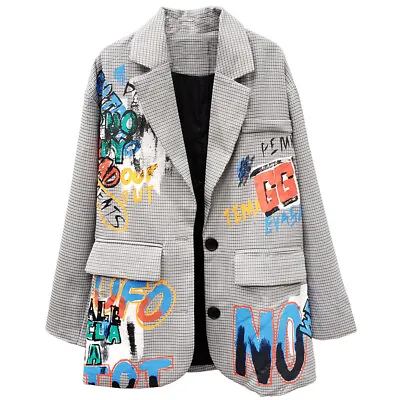 Buy Womens Grey Blazer Coat Graffiti Stylish Suit Tops Plaid Street Wear Blazer Jack • 51.05£