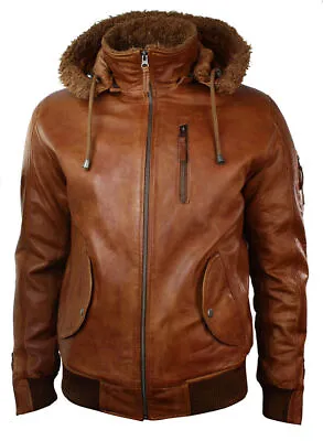 Buy Mens Retro Brown Hooded Fur Real Leather Bomber Jacket • 28£