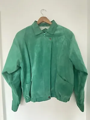Buy VINTAGE 80s 90s Turquoise Green Real Suede Leather Woman’s Bomber Jacket 12 • 29.99£