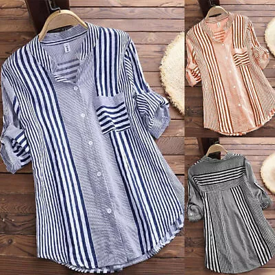Buy Plus Size Womens Striped Tops Blouse Ladies Button Down Loose Tunic T-Shirts UK • 3.99£