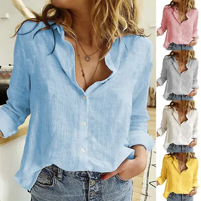 Buy Womens Cotton Casual T-Shirt Linen Plain Blouse TopsLadies Baggy Long Sleeve • 6.99£