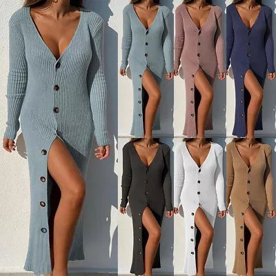 Buy Womens Ribbed Sexy Maxi Jumper Dress Long Sleeve Casual V Neck Bodycon Size 6-16 • 19.89£