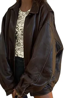 Buy Women's Handmade Oversized Real Leather Vintage Brown Bomber Jacket • 79.99£