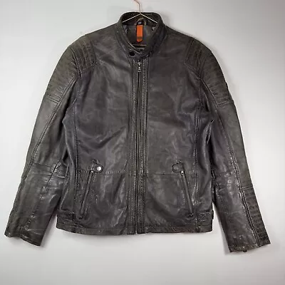 Buy DNR Leather Jacket Brown Size Large Biker Lined Pockets Full Zip Band Collar Men • 29.95£