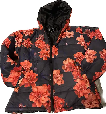 Buy Women Puffer Jacket  Hooded Floral Stylish Design Red And Black • 59£