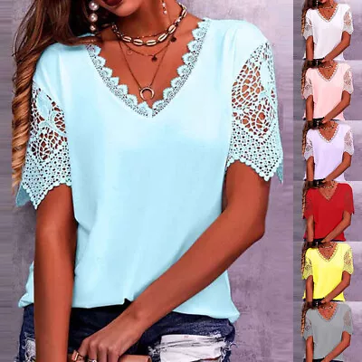 Buy Ladies Lace V Neck Blouse Shirts Short Sleeve Summer Tops Casual T-shirt Plus • 10.69£