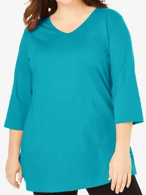 Buy Woman With V-Neck Deep Turquoise 5XL (38/40) 3/4 Sleeve Tunic Top Plus Size NWOT • 7.89£