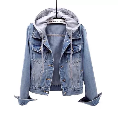 Buy Lady Denim Jacket Coat Hooded Tops Hoodies Jeans Casual Long Sleeve Blue Classic • 19.54£
