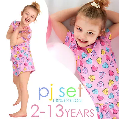 Buy Kdis Girls Shorty Pyjama Set Short Sleeve Pyjamas 100% Cotton Candy Hearts PJs • 4.99£