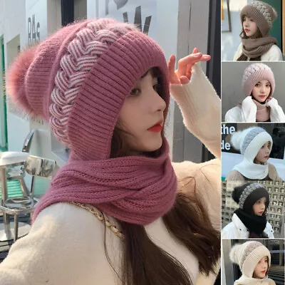 Buy Winter Womens Knitted Hats Scarf Hooded Thick Windproof Neck Warmer Beanie Cap • 6.66£