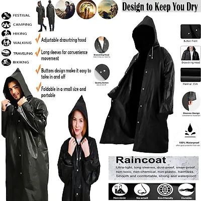 Buy Waterproof Raincoat Long Black Men Womens Rain Coat Jacket Hooded Outdoor Hiking • 4.15£