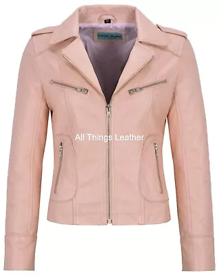 Buy Ladies Baby Pink Leather Jacket Real Napa Leather 9823 Biker Motorcycle Jacket • 88£