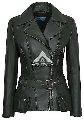 Buy 'FEMININE' Ladies Leather Jacket Green Belted Chic Rock Real Leather Jacket 2812 • 95.79£