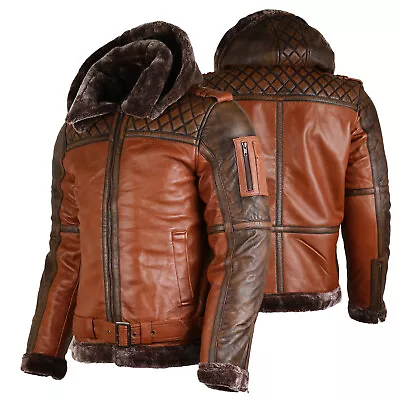 Buy Mens Sheepskin Real Leather Bomber Jacket Detachable Hood Biker Waxed Fur Coat • 41.99£