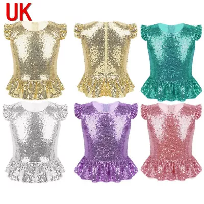 Buy UK Girl Kids Sparkly Sequins T-shirt Mermaid Peplum Top Jazz Dance Stage Costume • 13.32£
