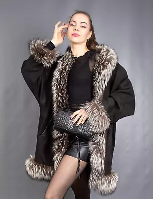 Buy 3827 Glamorous Real Leather Coat Luxury Fur Jacket Silver Fox Beautiful Size 2xl • 0.79£
