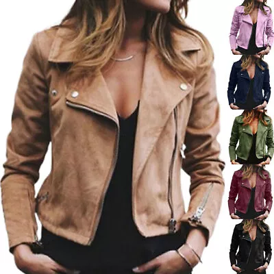 Buy -Women's Biker Jacket Slim Fit Ladies Faux PU Leather Zip Formal Coat Plus Size • 12.59£