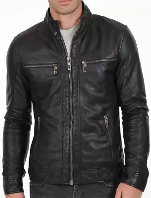 Buy Men's Leather Jacket Biker Style Real Lambskin Black Slim Fit Leather Jacket • 96£