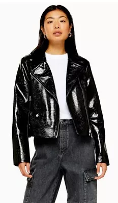 Buy Topshop PU Black Vinyl Croc Faux Leather Biker Short Jacket Size 6 £55 • 24.99£